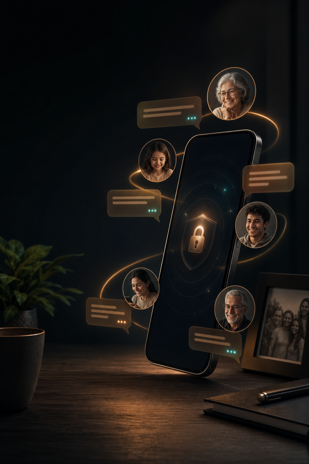 Family Chat visual showing a secure family conversation on a phone